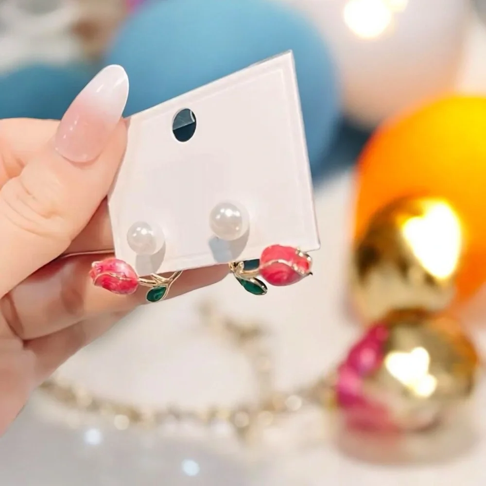 Stunning One Pair of Gold‎ Plated Elegant Pink Rose White Bead Ear Stud Earrings